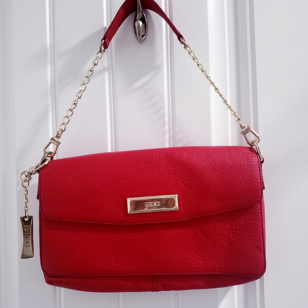 DKNY Red Genuine Leather Baguette Shoulder Bag removable strap